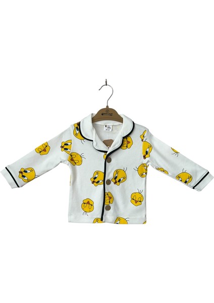 Unisex Bebek Tweety Desenli Yakalı Düğmeli Pamuklu Pijama Takımı modelleri