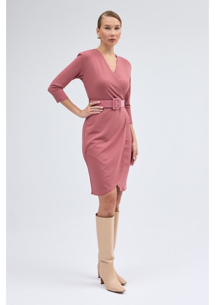 Kadın Krep Gülkurusu Kruvaze Kemerli Midi Anvelop Elbise 3753-100