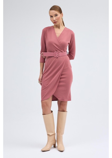 Kadın Krep Gülkurusu Kruvaze Kemerli Midi Anvelop Elbise 3753-100 fiyatları