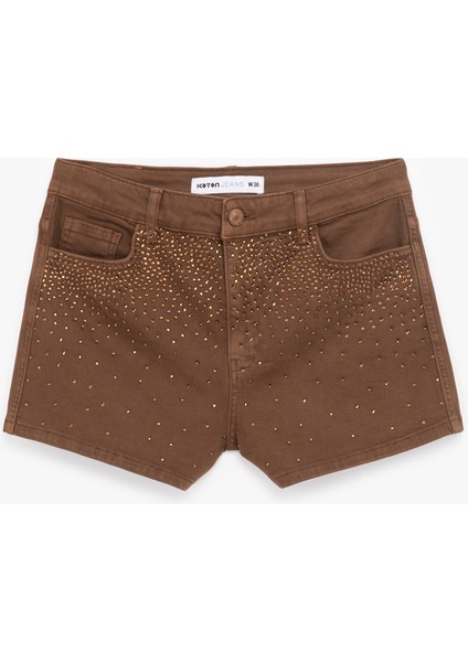 Pamuklu Taş Detaylı Düz Paça Denim Şort fırsatları