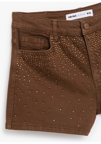 Pamuklu Taş Detaylı Düz Paça Denim Şort