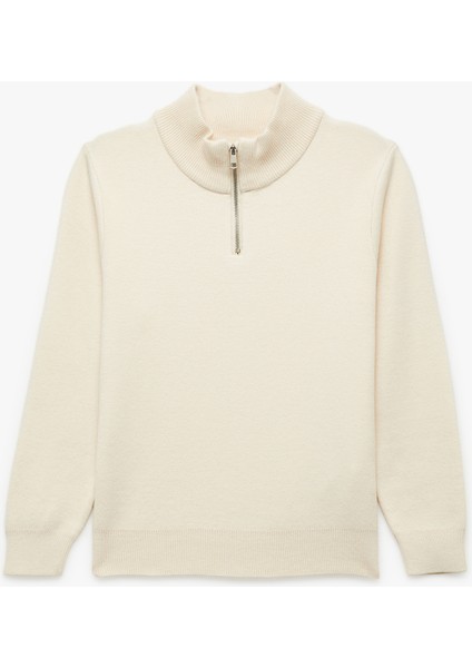 Yarım Fermuarlı Uzun Kollu Viskon Karışımlı Triko Kazak