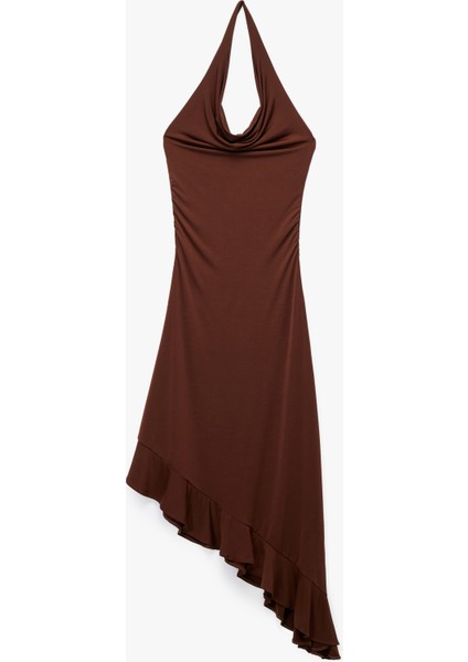 Degaje Yaka Asimetrik Kolsuz Drapeli Midi Elbise