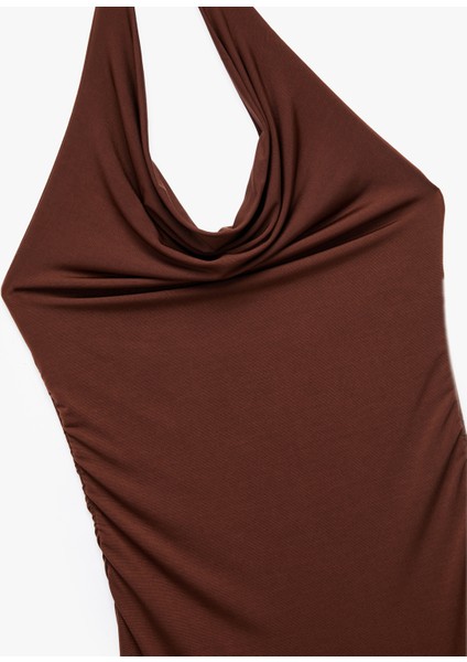 Degaje Yaka Asimetrik Kolsuz Drapeli Midi Elbise modelleri