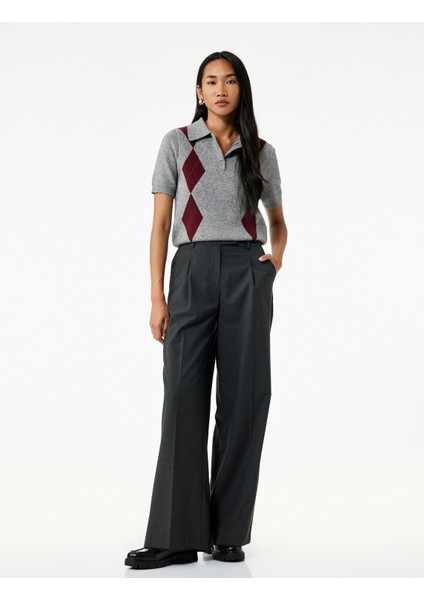 Düğmeli Baklava Desenli Kısa Kollu Triko Polo Yaka Kazak