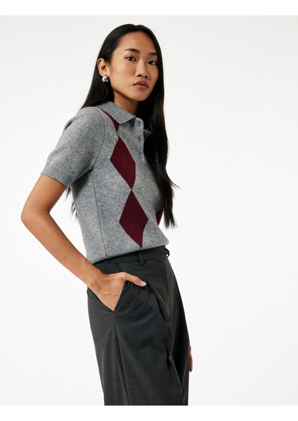 Düğmeli Baklava Desenli Kısa Kollu Triko Polo Yaka Kazak fiyatları