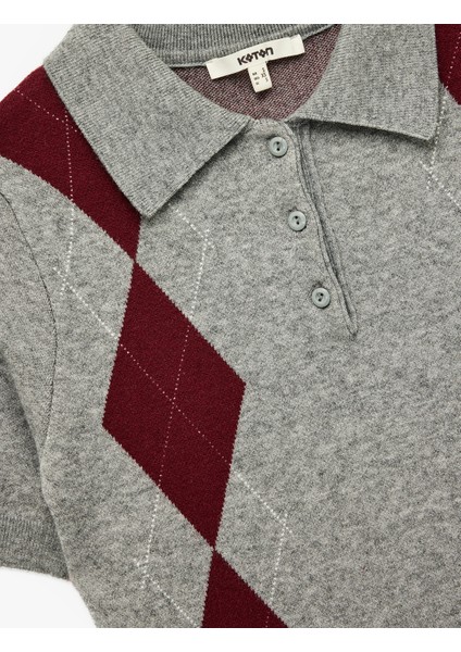 Düğmeli Baklava Desenli Kısa Kollu Triko Polo Yaka Kazak indirimleri