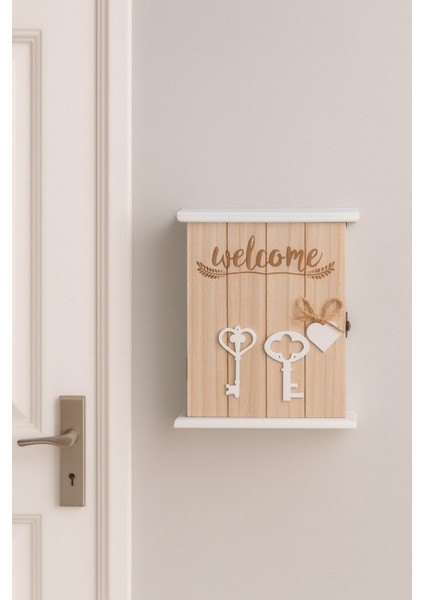 Dekoratif Ahşap Anahtarlık Kutusu – Welcome Yazılı Duvar Askılığı BR-6631