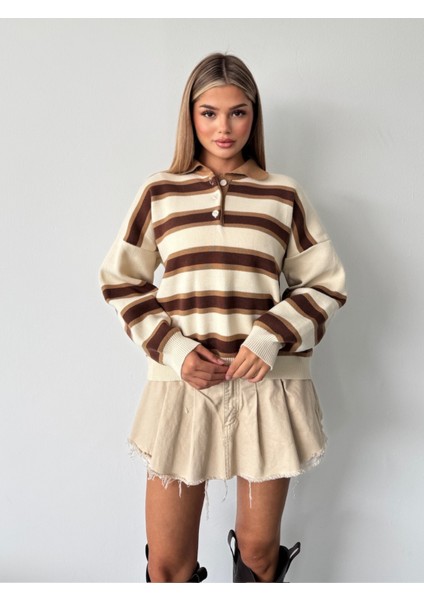 Kadın Polo Yaka Çizgili Triko Kazak fiyatları