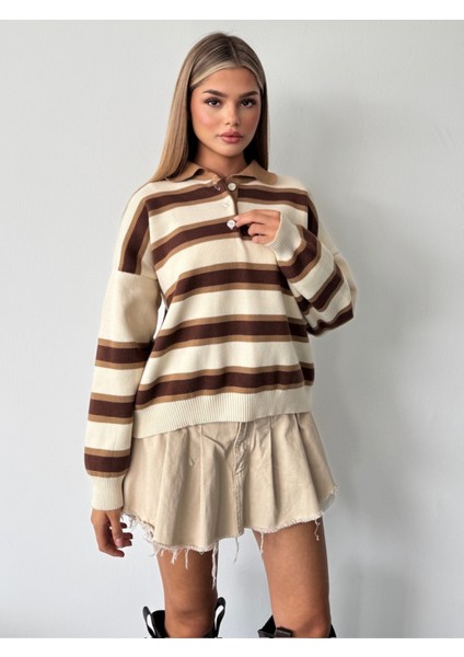Kadın Polo Yaka Çizgili Triko Kazak modelleri