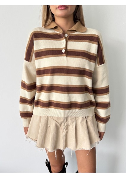 Kadın Polo Yaka Çizgili Triko Kazak fırsatları