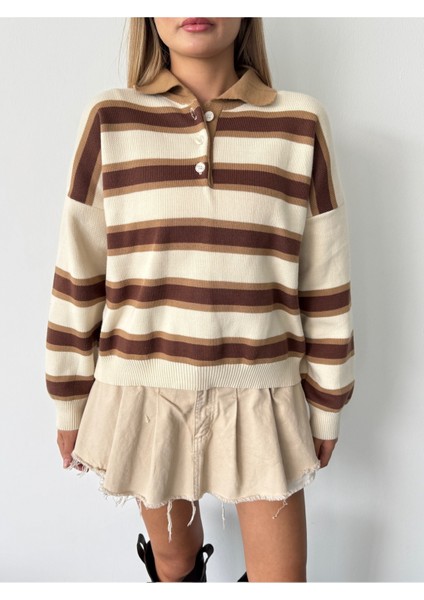 Kadın Polo Yaka Çizgili Triko Kazak indirimleri