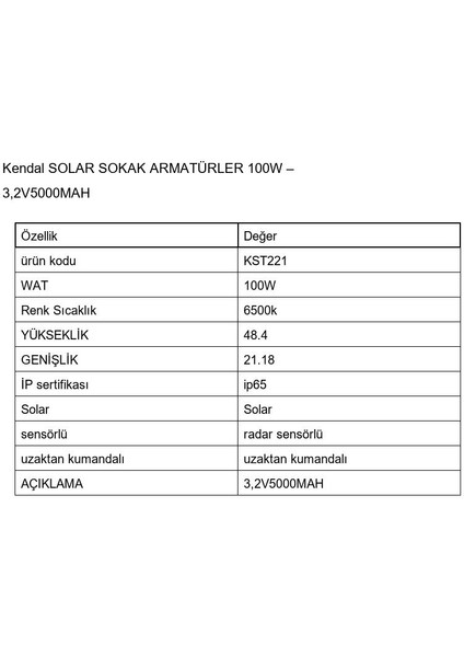 Çiğdem Solar Ledli 100W Uzaktan Kumandalı Sokak Armatür KST221 fiyatları