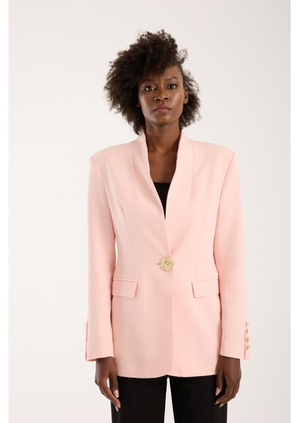 Pembe Salaş Kesim Düğme Detaylı Dokuma Blazer Ceket