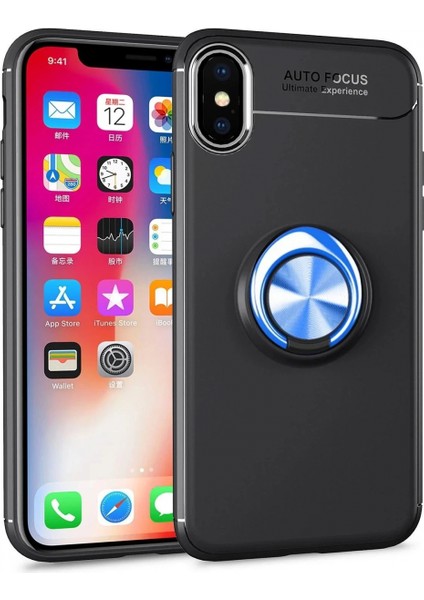 iPhone Xs Max Kılıf Range Yüzüklü Silikon - Siyah-Mavi
