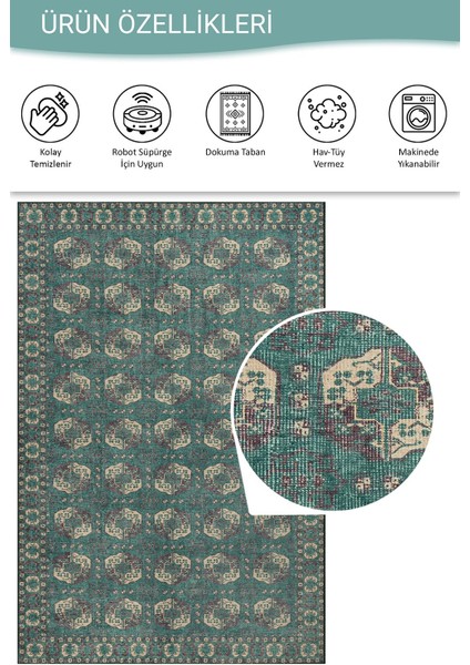 Relic Yeşil / Krem Vintage Dokulu Klasik Desenli Dokuma Tabanlı Şönil Halı Al 488 fırsatları