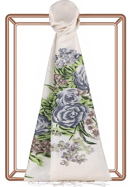 Ipekevi Saray Bahçesi Desenli Ipek Şal 02677-BEYAZ Gümüş