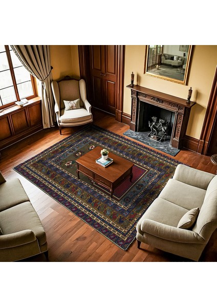 Mavi Bordürlü Modern Etnik Desenli Halı | Makinada Yıkanabilir | Hav Toz Vermez | Leke Tutmayaz | Kaymaz Taban | Dijital Makine Baskı | Salon Yolluk Mutfak Halısı fiyatları