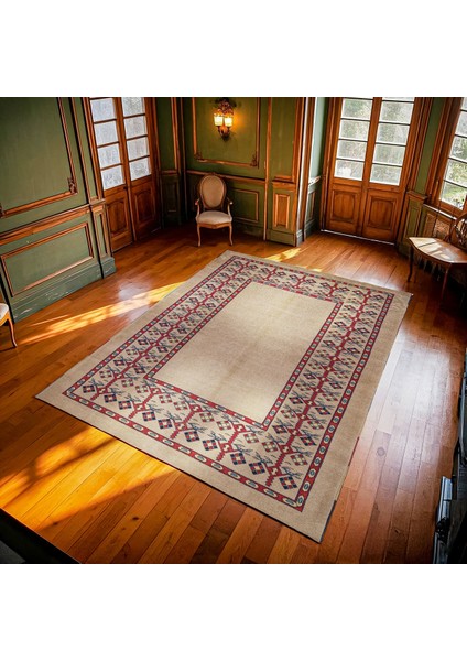 Krem Bordürlü Modern Etnik Desenli Halı | Makinada Yıkanabilir | Hav Toz Vermez | Leke Tutmayaz | Kaymaz Taban | Dijital Makine Baskı | Salon Yolluk Mutfak Halısı modelleri