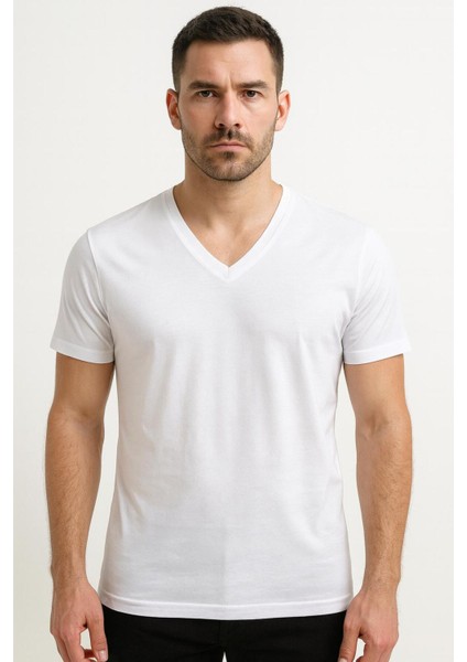 Erkek Pamuklu Günlük V Yaka T-Shirt 3'lü Set Beyaz