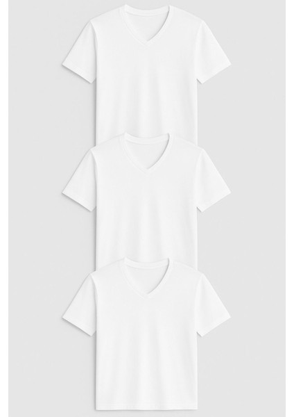 Erkek Pamuklu Günlük V Yaka T-Shirt 3'lü Set Beyaz fiyatları