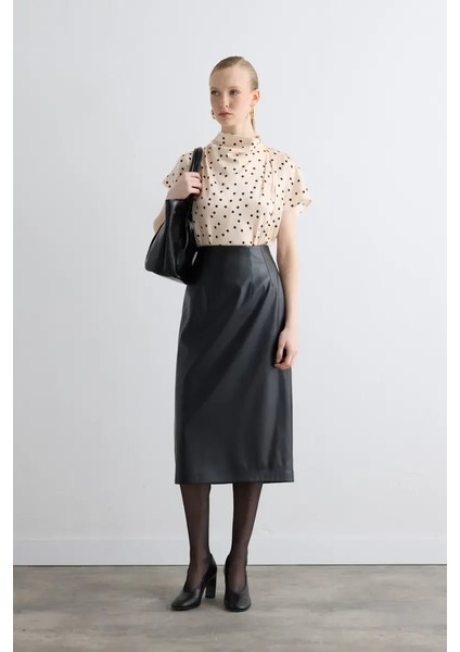 Uzun Suni Deri Etek - Siyah