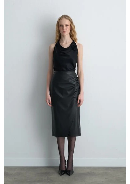 Anvelop Kesim Suni Deri Etek - Siyah fiyatları
