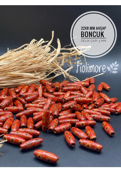 22X8 mm Desenli Arpa Ahşap Boncuk (25 Gram 58 Adet) Delik Çapı 3 mm Makrome Takı Bileklik Kırmızı