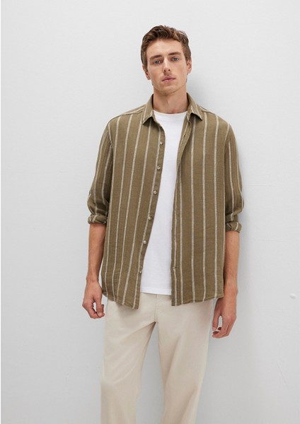 Keten Karışımlı Çizgili Haki Gömlek 0211730-91111