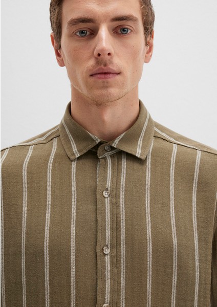 Keten Karışımlı Çizgili Haki Gömlek 0211730-91111