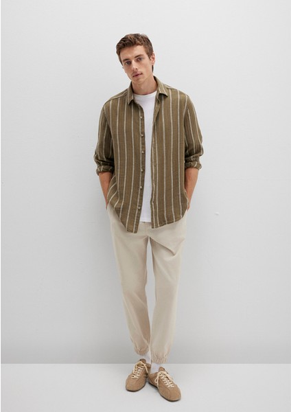 Keten Karışımlı Çizgili Yeşil Gömlek 0211730-91111