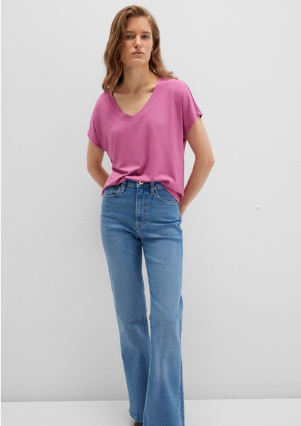 V Yaka Pembe Basic Viskoz Tişört 167714-70955