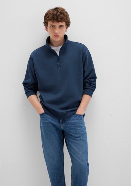 Yarı Fermuarlı Lacivert Basic Sweatshirt 0S10278-70490