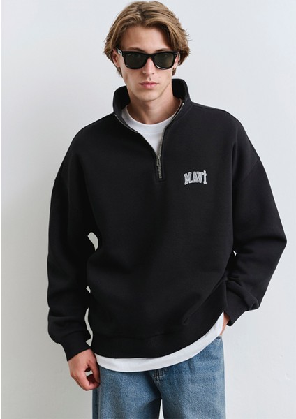 Mavi Logo Baskılı Yarı Fermuarlı Siyah Sweatshirt 0S10208-900