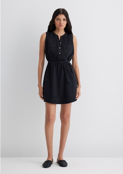 Suzy Gold Klasik Puslu Siyah Jean Elbise 130317-89755