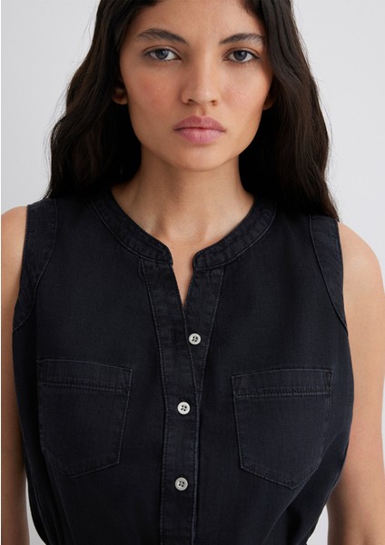 Suzy Gold Klasik Puslu Siyah Jean Elbise 130317-89755