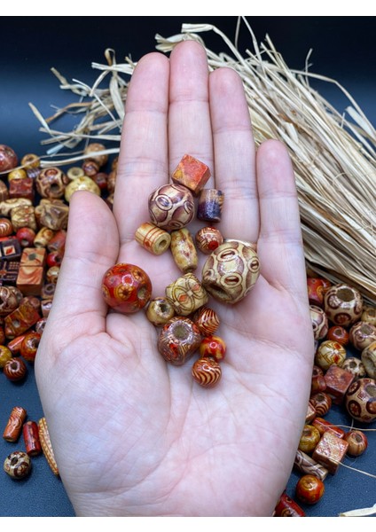 Ahşap Boncuk (50 Gram 70-80 Adet) Farklı Desen-Farklı Ölçü-Karışık-Tahta-Aksesuar-Renkli-Çeşit fiyatları