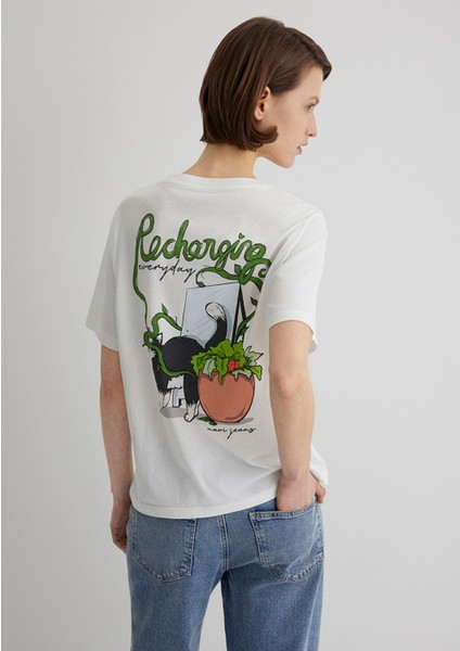 Kedi Baskılı Ekru Tişört 1613166-70057