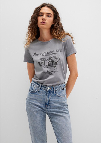 Kelebek Baskılı Gri Tişört 1613453-91066