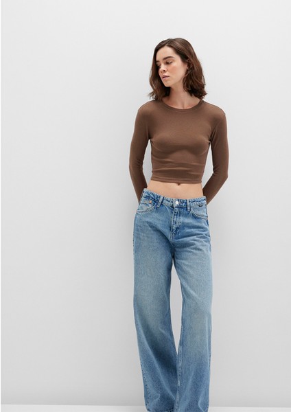Uzun Kollu Kahverengi Crop Basic Tişört 1612822-81959