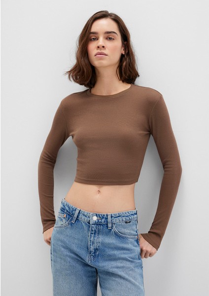 Uzun Kollu Kahverengi Crop Basic Tişört 1612822-81959