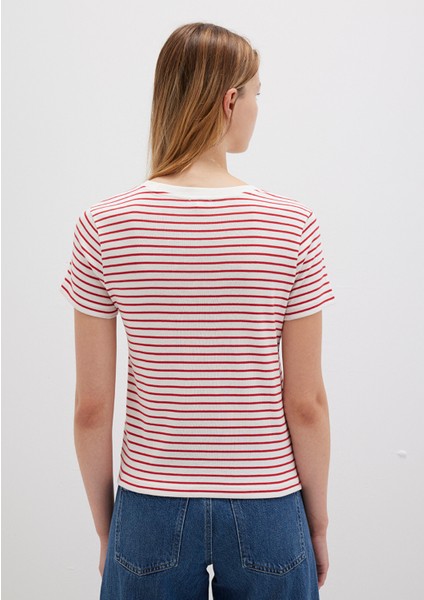 Bisiklet Yaka Çizgili Kırmızı Tişört 1612881-86680