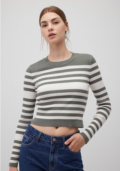 Bisiklet Yaka Çizgili Haki Kazak 1710521-87899