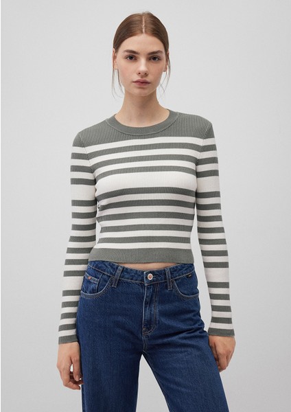 Bisiklet Yaka Çizgili Haki Kazak 1710521-87899