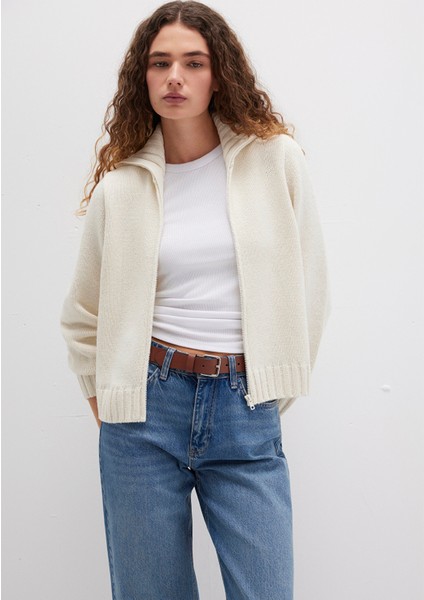 Yün Karışımlı Fermuarlı Ekru Hırka 1710482-70057