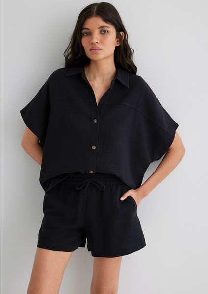 Dokulu Siyah Gömlek 1210758-900