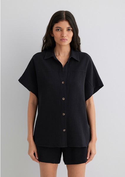 Dokulu Siyah Gömlek 1210758-900