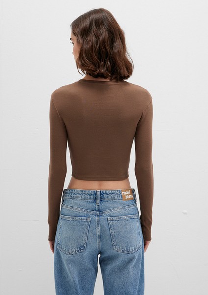 Uzun Kollu Kahverengi Crop Basic Tişört 1612822-81959