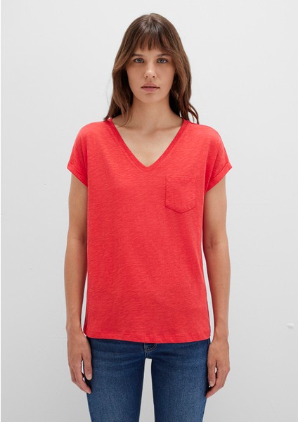 V Yaka Kırmızı Basic Tişört 1600961-71083