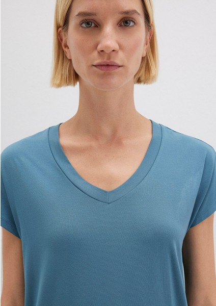 V Yaka Mavi Basic Viskoz Tişört 167714-70753